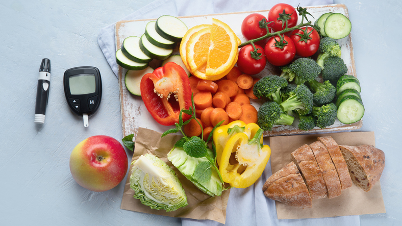 groente, brood en glucosemeter