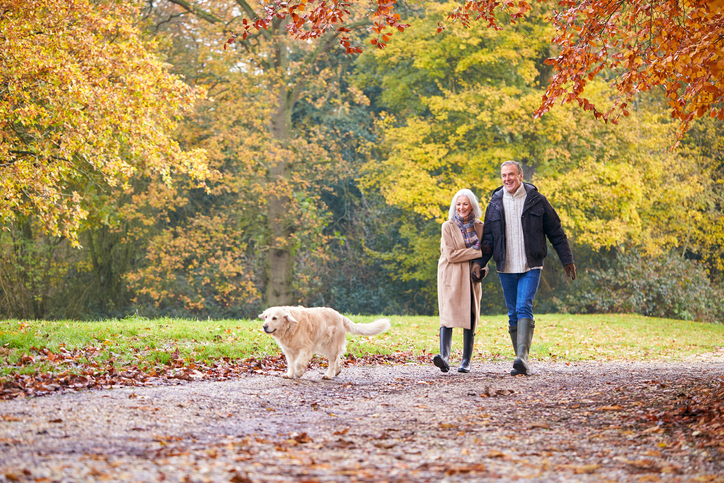 man en vrouw wandelen met hond in bos
